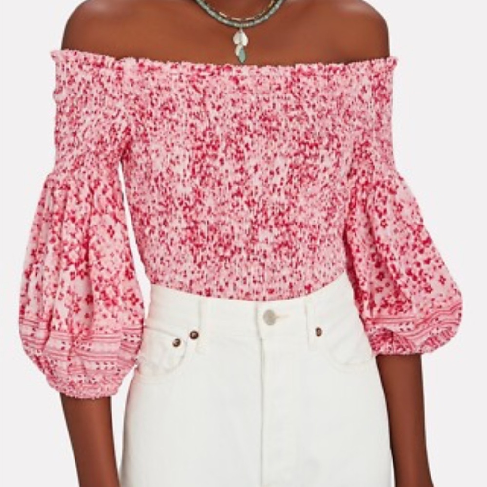 Poupette St Barth Ariel Smocked Off The Shoulder Crop Top Pink Floral